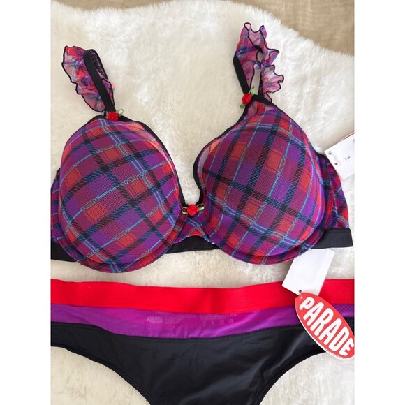 Parade Silky Mesh Flutter Strap T-Shirt Bra & Thong Large 36 C 36D NEW - Picture 2 of 10